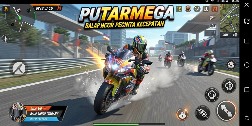 Screenshot dari gameplay PUTARMEGA yang penuh aksi dan kecepatan.