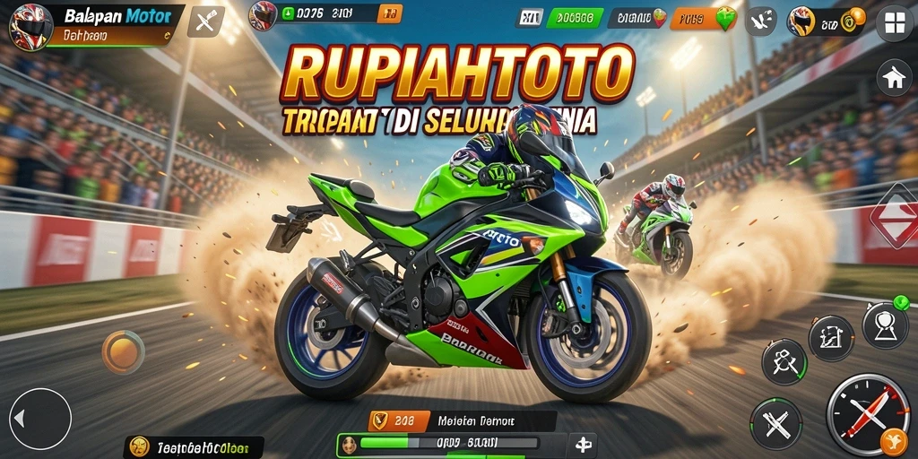 Screenshot gameplay RUPIAHTOTO menunjukkan balapan motor yang seru dan mendebarkan.